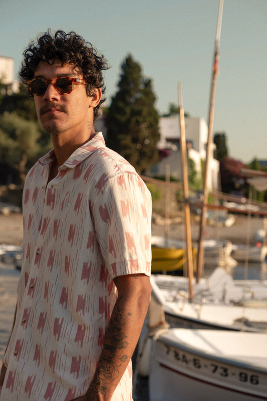 desi hand-woven cotton shirt in white and pink