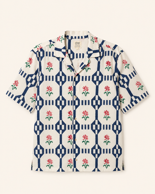 bru hand-printed cotton shirt in white and blue
