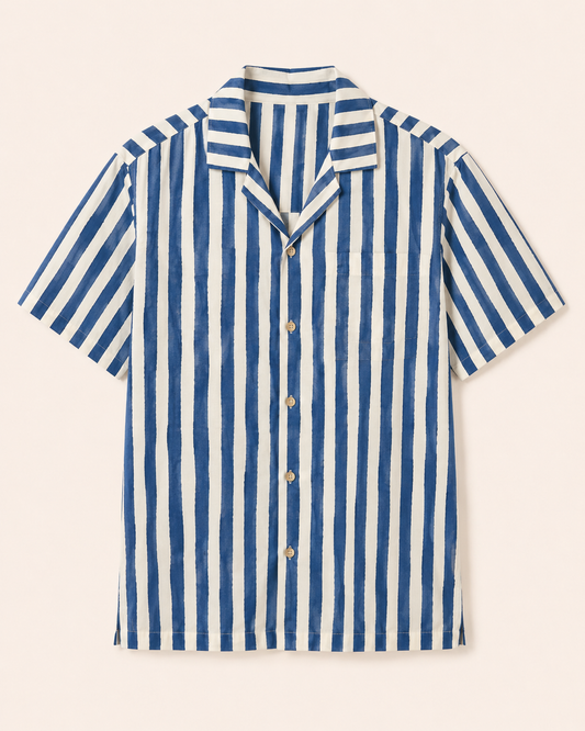 mari hand-printed cotton shirt in white and blue stripes
