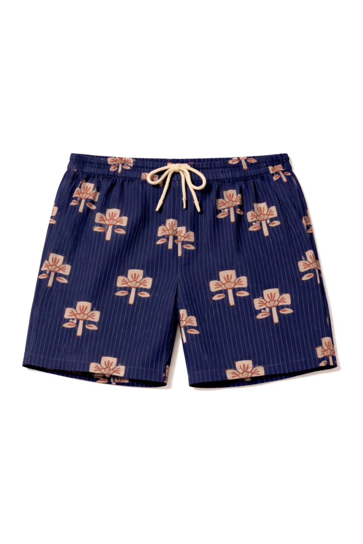 Otherwise Handbedruckte Baumwollshorts in Blau – Vorderansicht mit Blumen-Print