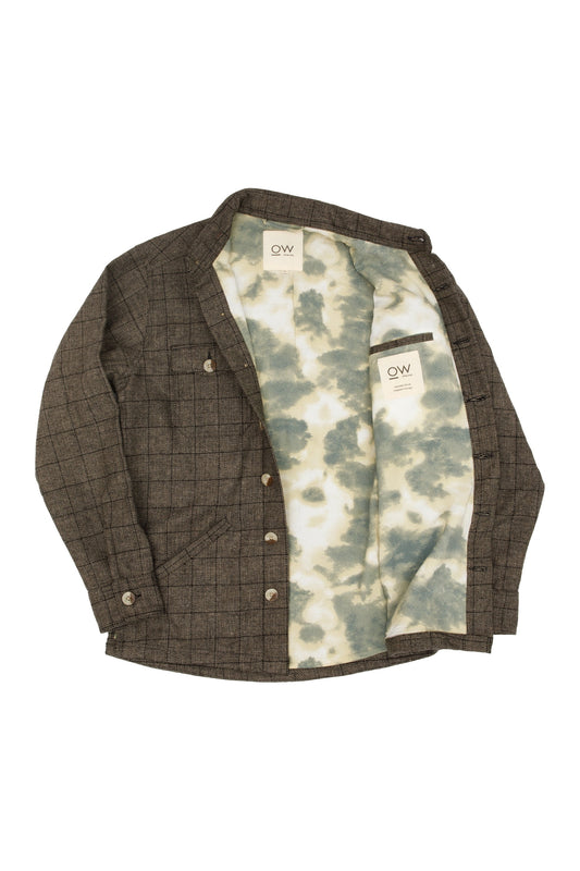 Otherwise Sao Upcycled Wool Jacket In Grey – offene Vorderansicht mit gemustertem Futter