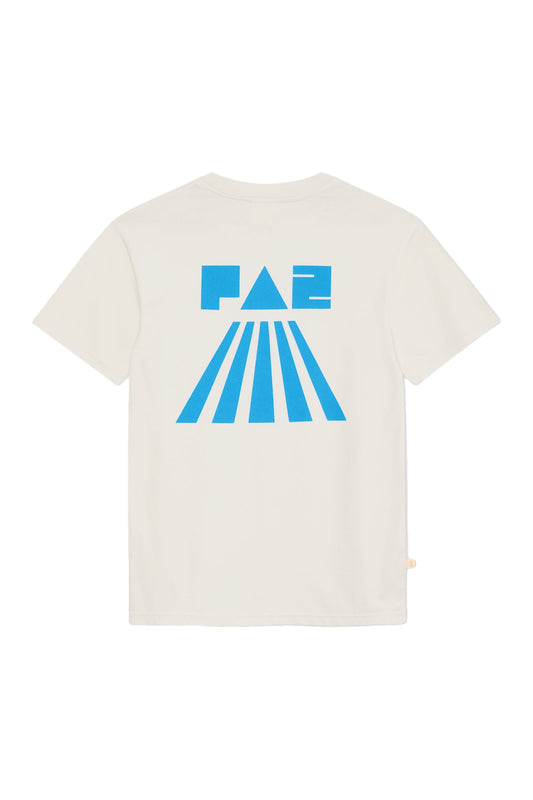 LA PAZ Botelho Ecru – Rückansicht mit blauem PAZ-Print
