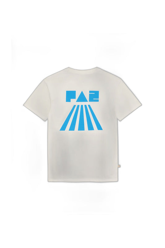 LA PAZ Botelho Ecru – Rückansicht mit blauem PAZ-Print