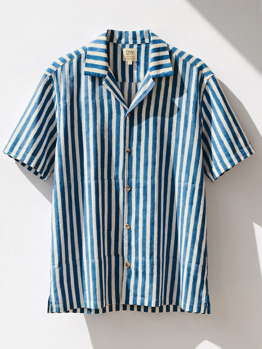 mari hand-printed cotton shirt in white and blue stripes